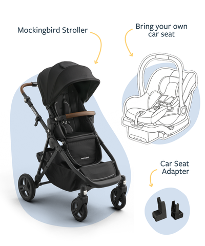 The Mockingbird "Build Your Own Travel System" features a stroller with a brown handle, plus line drawings of an infant car seat and adapters—everything you need to create your custom travel system.