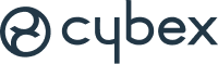 Logo of cybex featuring a stylized, modern font in blue with an abstract blue circular emblem to the left.