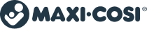 Logo of maxi-cosi in blue, featuring the brand name with a heart-shaped design forming the letter 'm'.