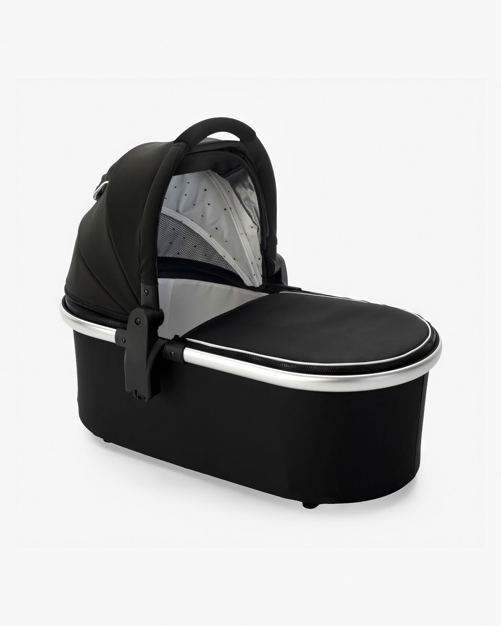 A modern black mockingbird-prod Stroller bassinet with a canopy, viewed against a white background. #color_black
