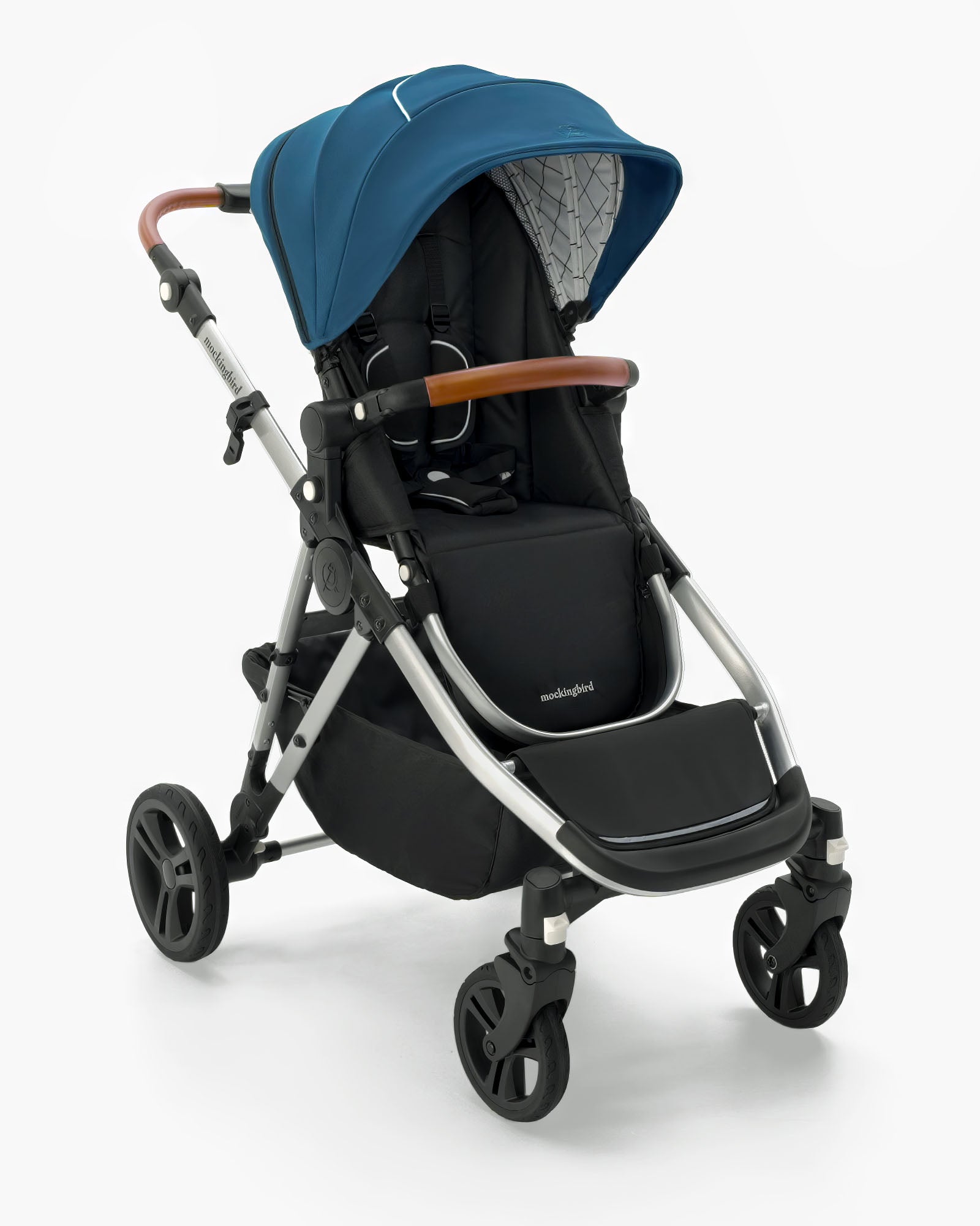 Modern Mockingbird-prod Mockingbird Single-to-Double Stroller 2.0 with blue canopy, black seat, and gray frame on a white background. #color_sea