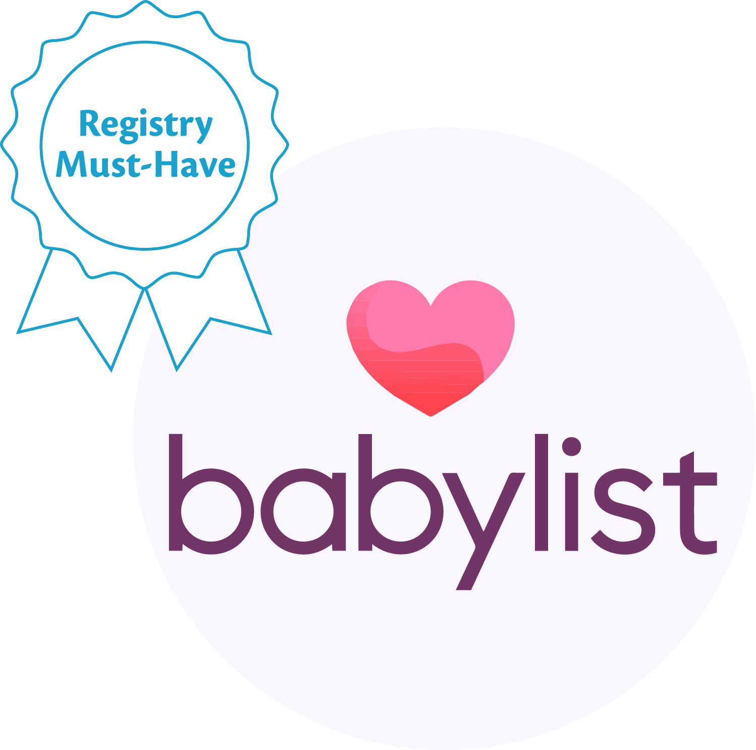 Logo of "babylist" featuring a pink heart above the brand name, with a blue badge on the upper left corner stating "registry must-have.