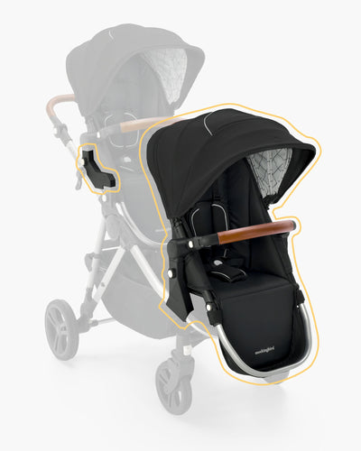Modern black single-to-double baby stroller with adjustable handle and extendable canopy, featuring a stylish design with light grey accents and wooden elements, shown in a side and front angled view, by mockingbird. #color_black