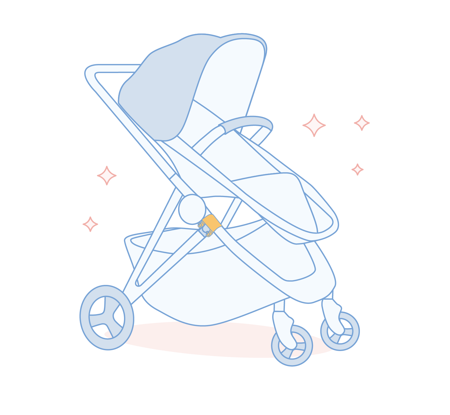 Line drawing of a modern baby stroller with large wheels and an extended canopy, highlighted by soft pink and star accents.