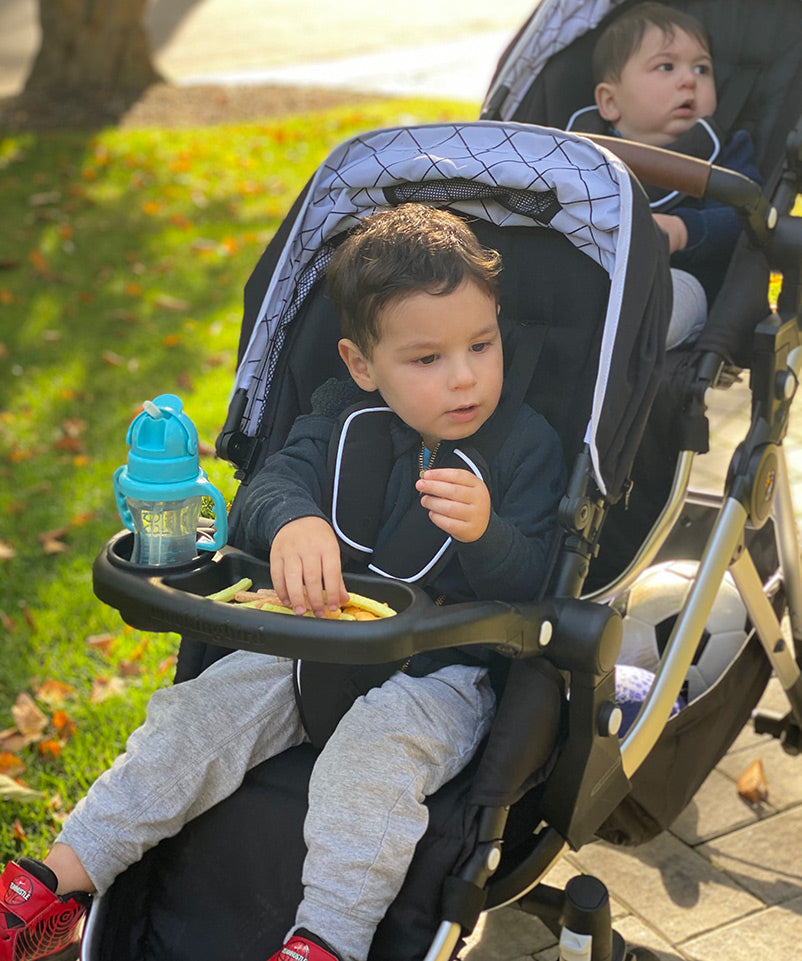 Toddler boy in a stroller looking pensive with a Mockingbird Snack Tray, another child visible in the background, in a sunny park setting with a mockingbird-prod.