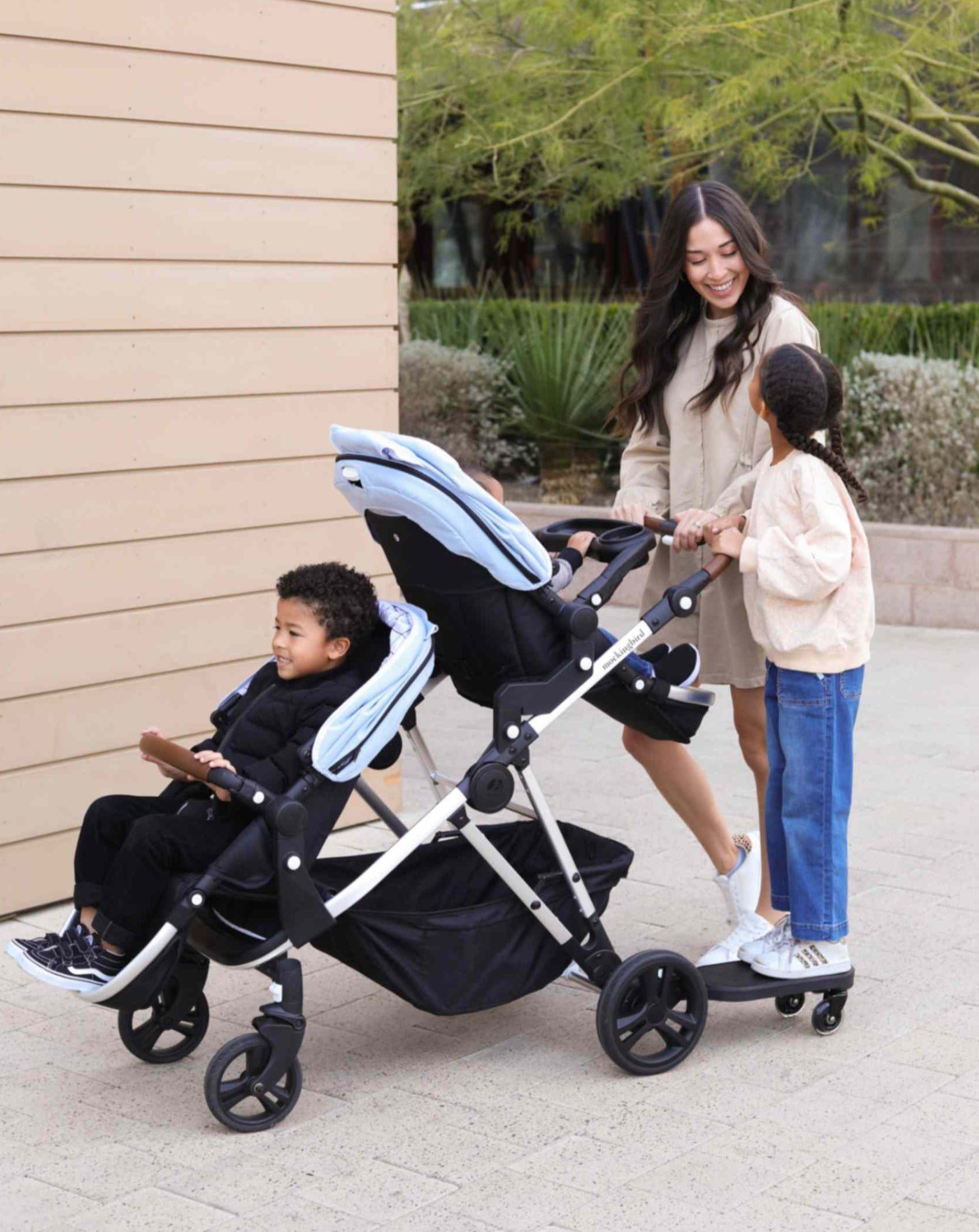 Mockingbird Stroller | Riding board with single to double stroller and 3 kids and older child standing up