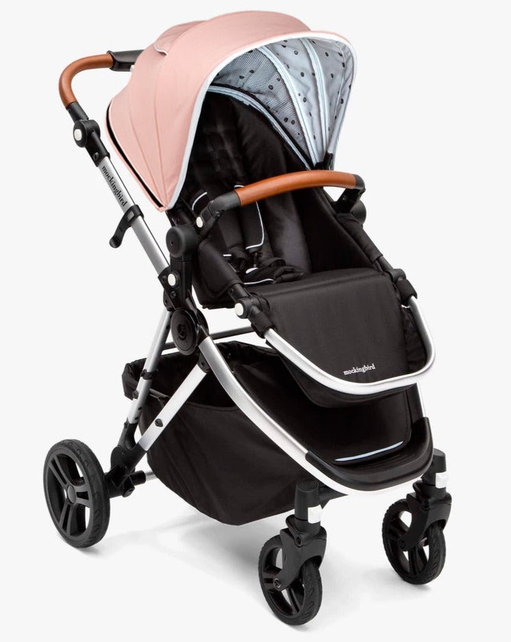 #color_bloom Mockingbird single stroller in bloom pink canopy and black leather