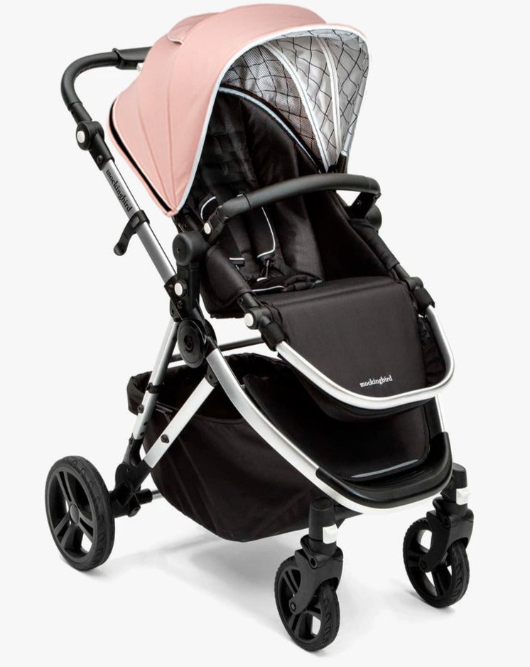 #color_bloom Mockingbird single stroller in bloom pink canopy and black leather