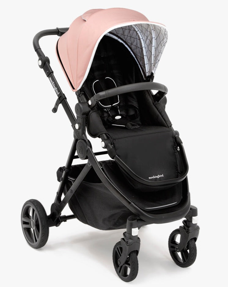 #color_bloom Mockingbird single stroller in bloom canopy and black leather