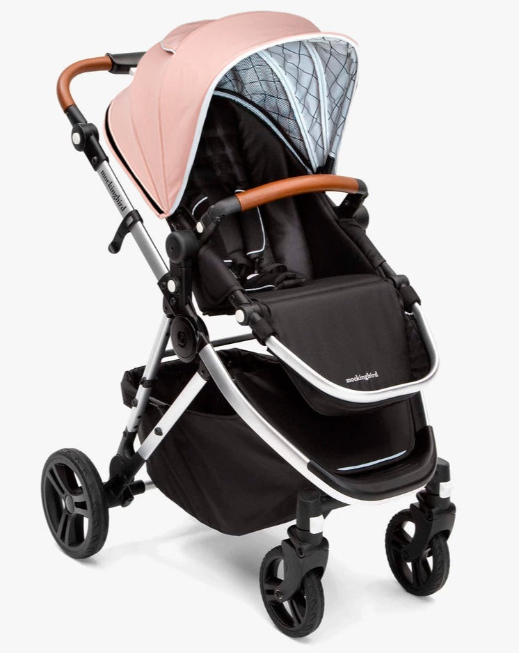 #color_bloom Mockingbird single stroller in bloom pink canopy and penny leather