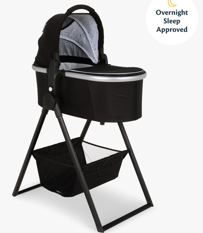 #color_black Mockingbird bassinet in black canopy and black bassinet stand