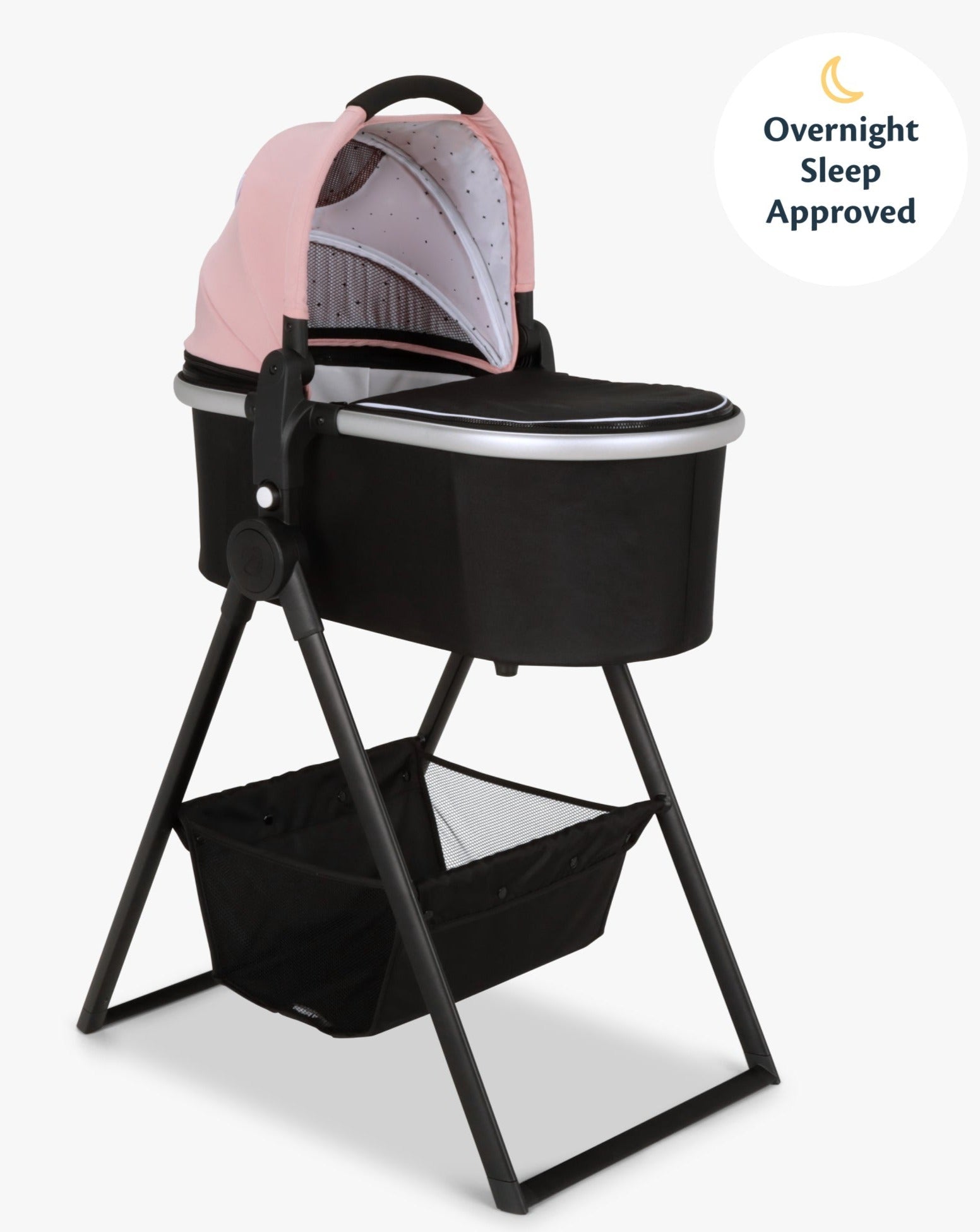 #color_bloom Mockingbird bassinet in bloom canopy and black bassinet stand