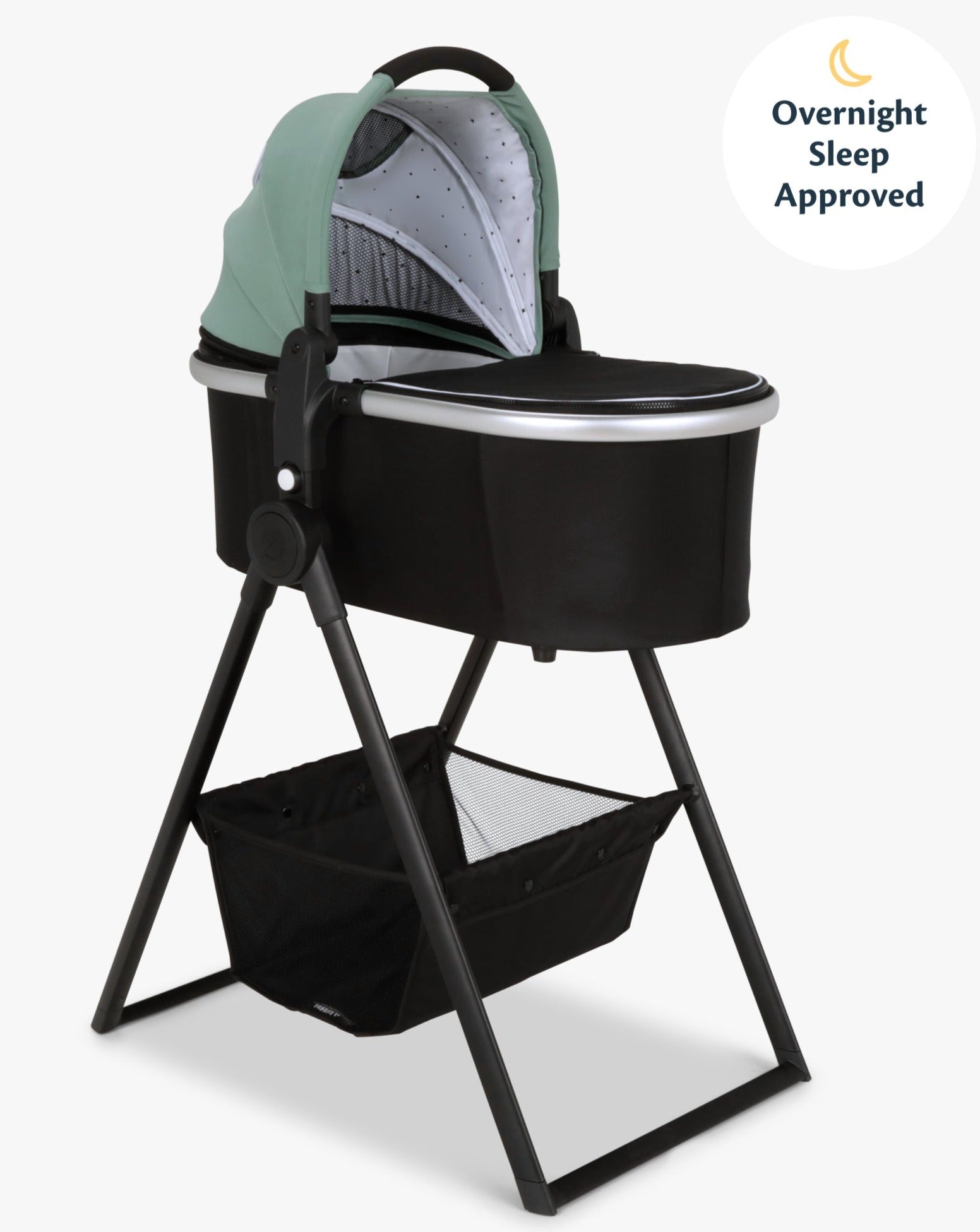 #color_sage Mockingbird bassinet in sage canopy and black bassinet stand