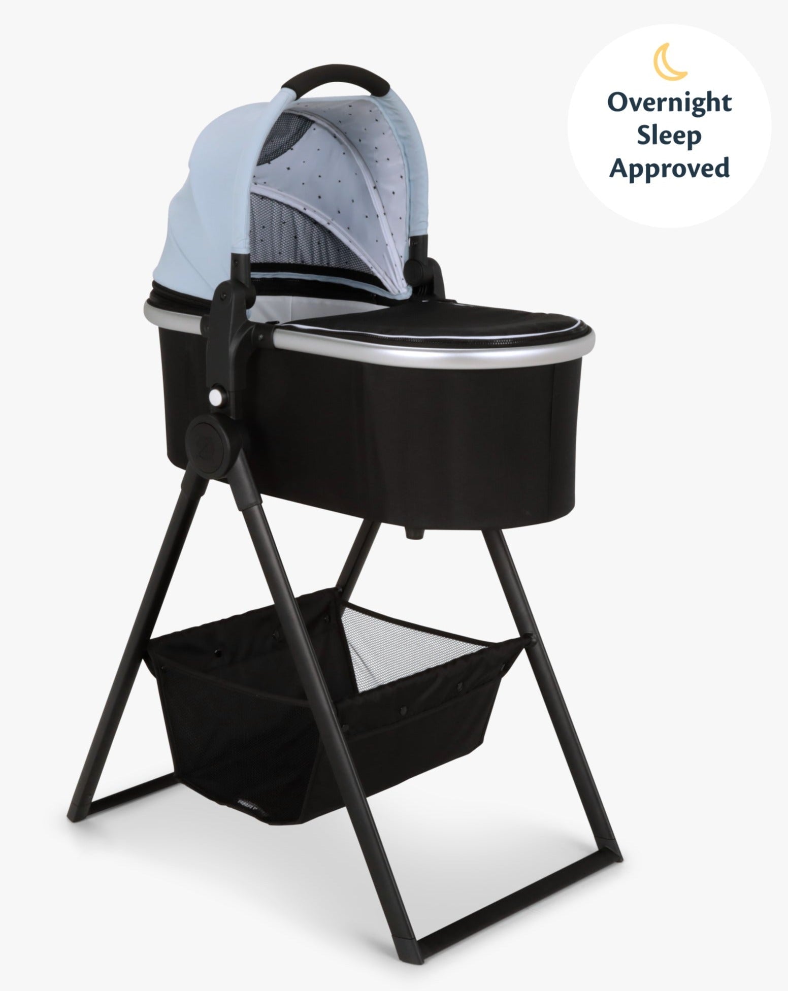 #color_sky Mockingbird bassinet in sky blue canopy and black bassinet stand