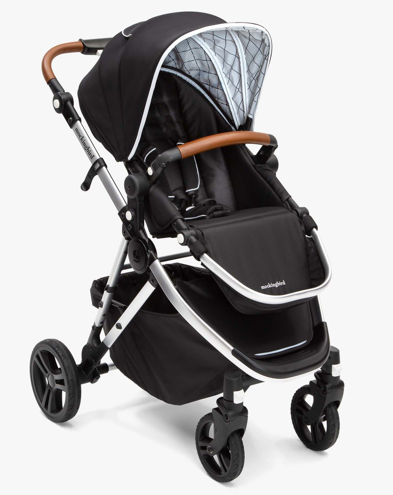 #color_black Mockingbird single stroller in black canopy and penny leather
