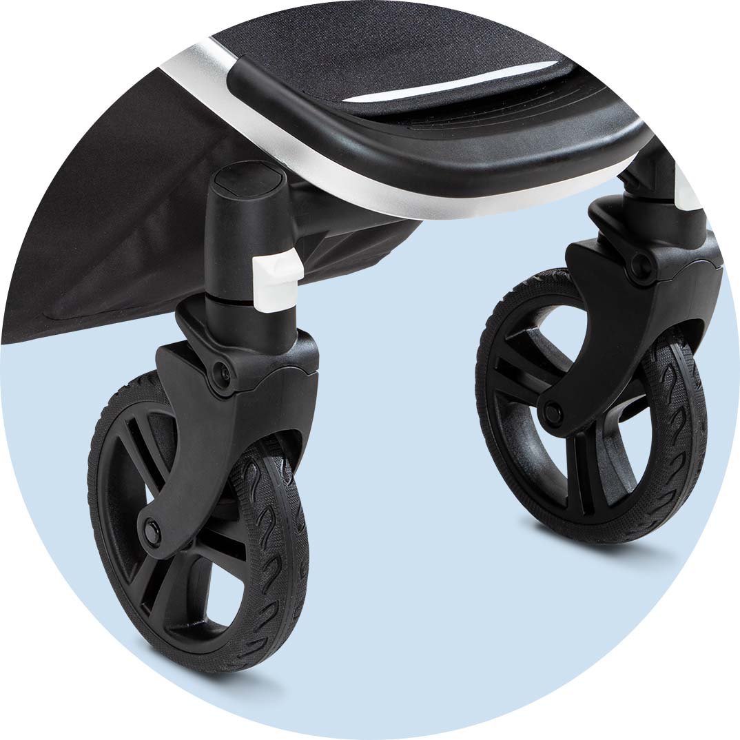 Close-up of a modern baby stroller's front wheels and part of the seat, isolated against a light blue background.