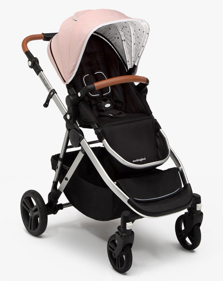 #color_bloom mockingbird single to double stroller with bloom pink canopy and penny leather details