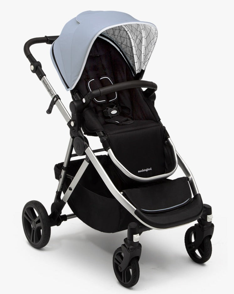 #color_sky mockingbird single to double stroller with sky blue canopy and penny black details