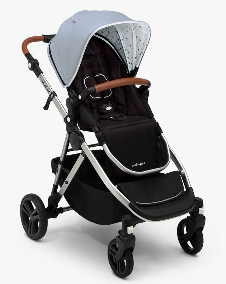 #color_sky mockingbird single to double stroller with sky blue canopy and penny leather details