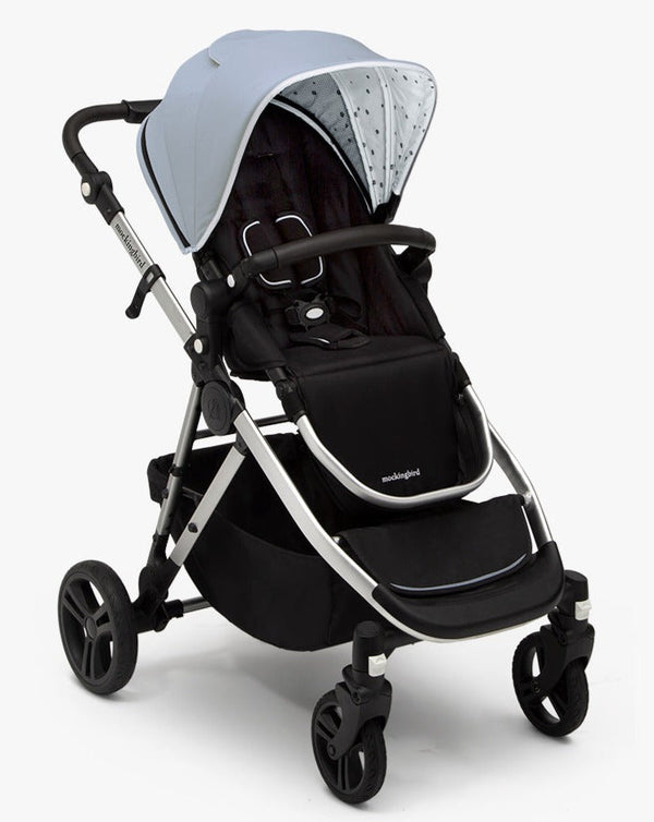 #color_sky mockingbird single to double stroller with sky blue canopy and black leather details