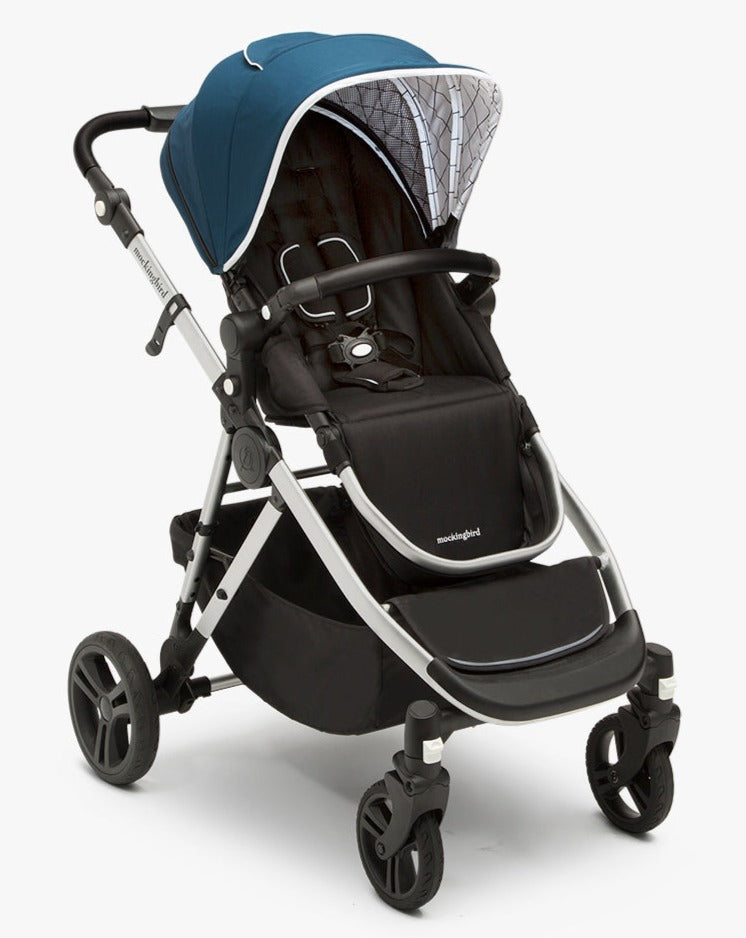#color_sea mockingbird single to double stroller with sea blue canopy and black leather details