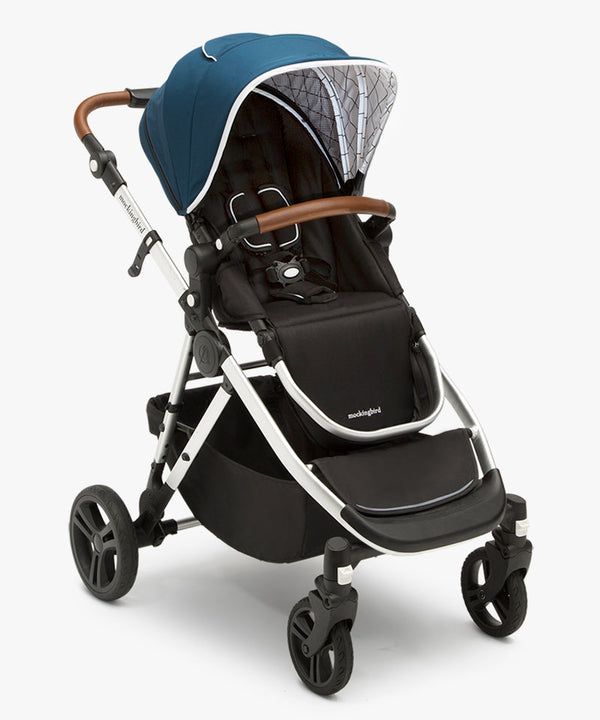 #color_sea mockingbird single to double stroller with sea blue canopy and penny leather details