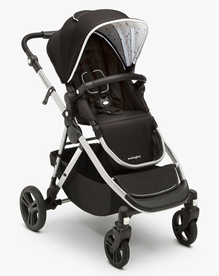 #color_black mockingbird single to double stroller with black canopy and black leather details
