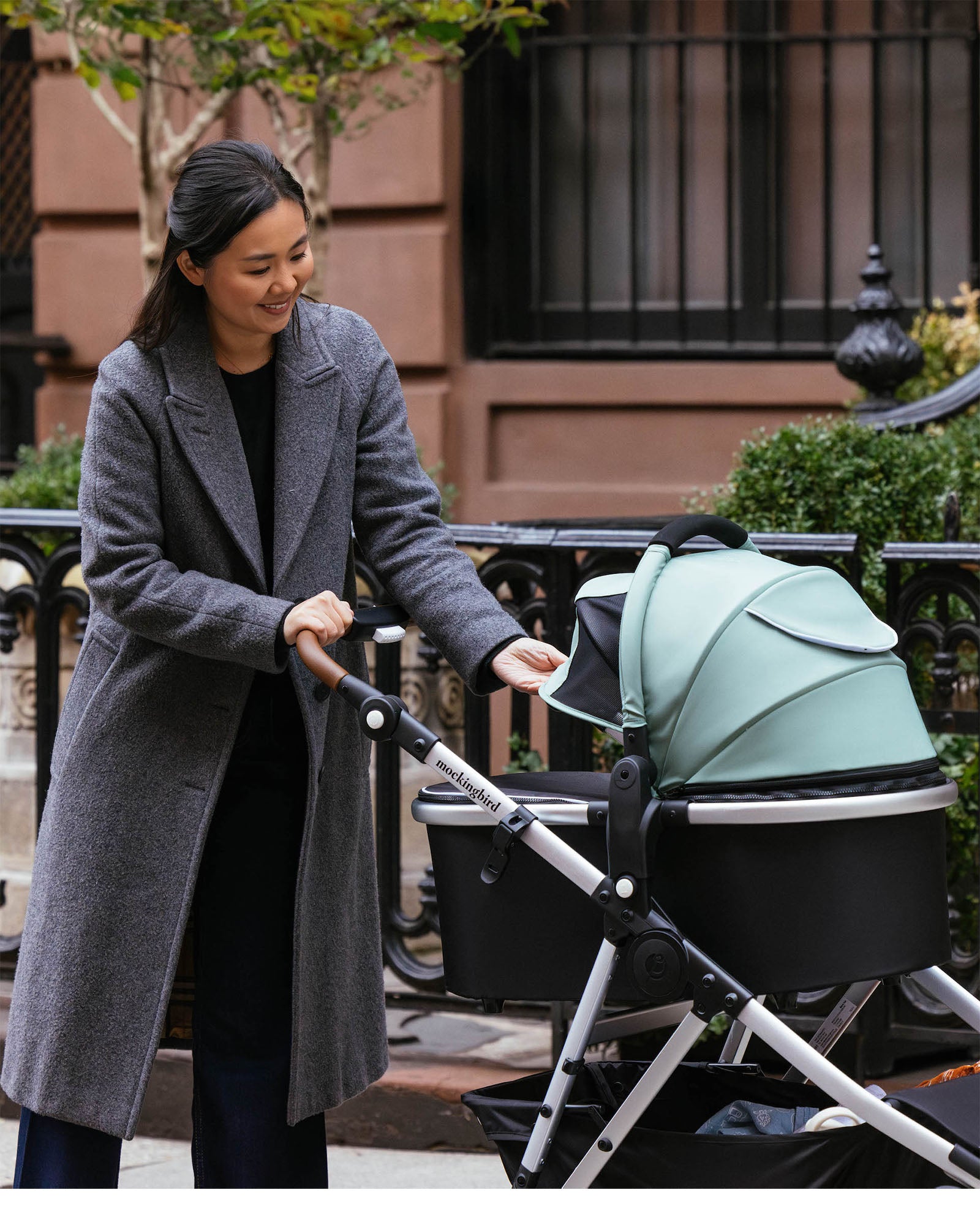 A woman in a gray coat smiling at a baby in a teal mockingbird-prod Bassinet on a city sidewalk.