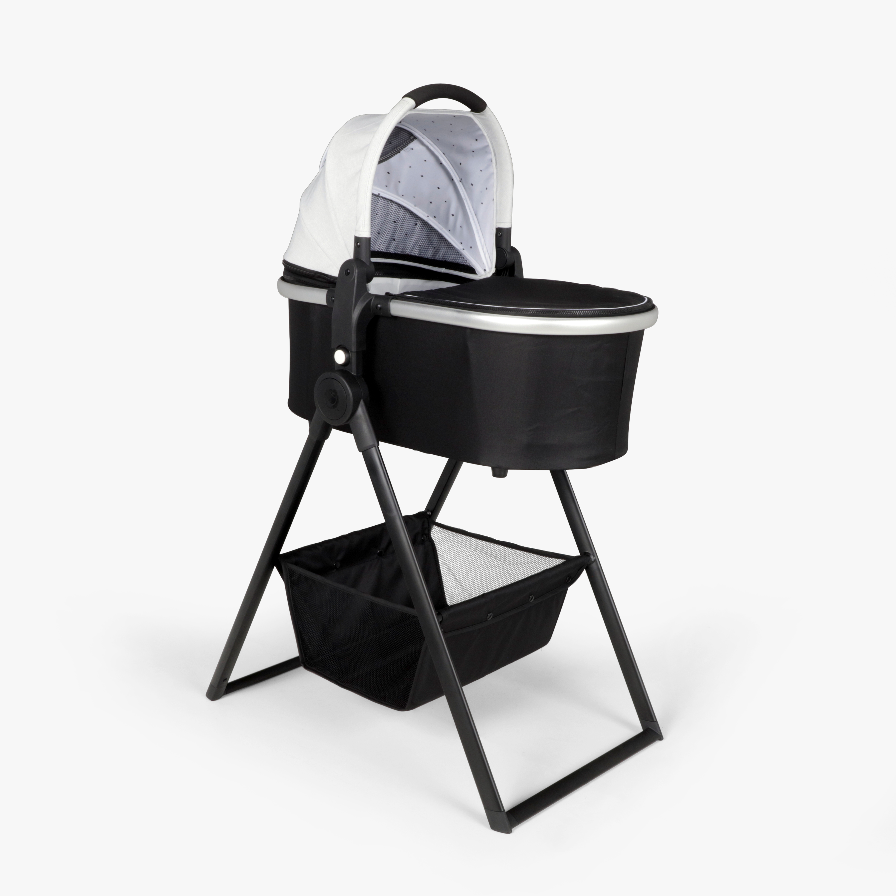 #color_light grey Mockingbird bassinet in light grey canopy and black bassinet stand