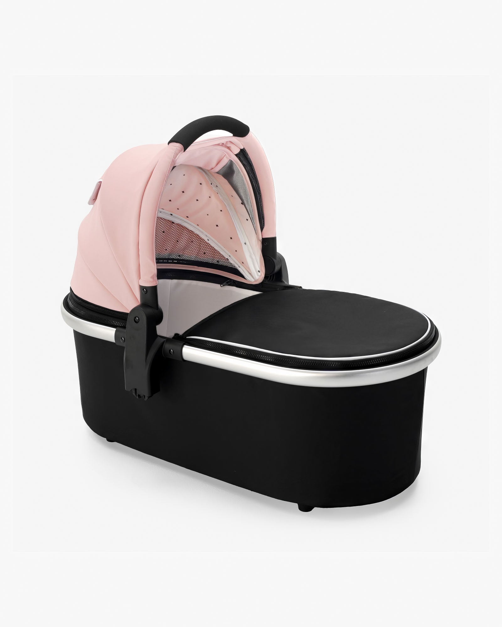 A pink and black mockingbird-prod bassinet with a transparent mesh window and a sturdy black handle, isolated on a white background. #color_bloom