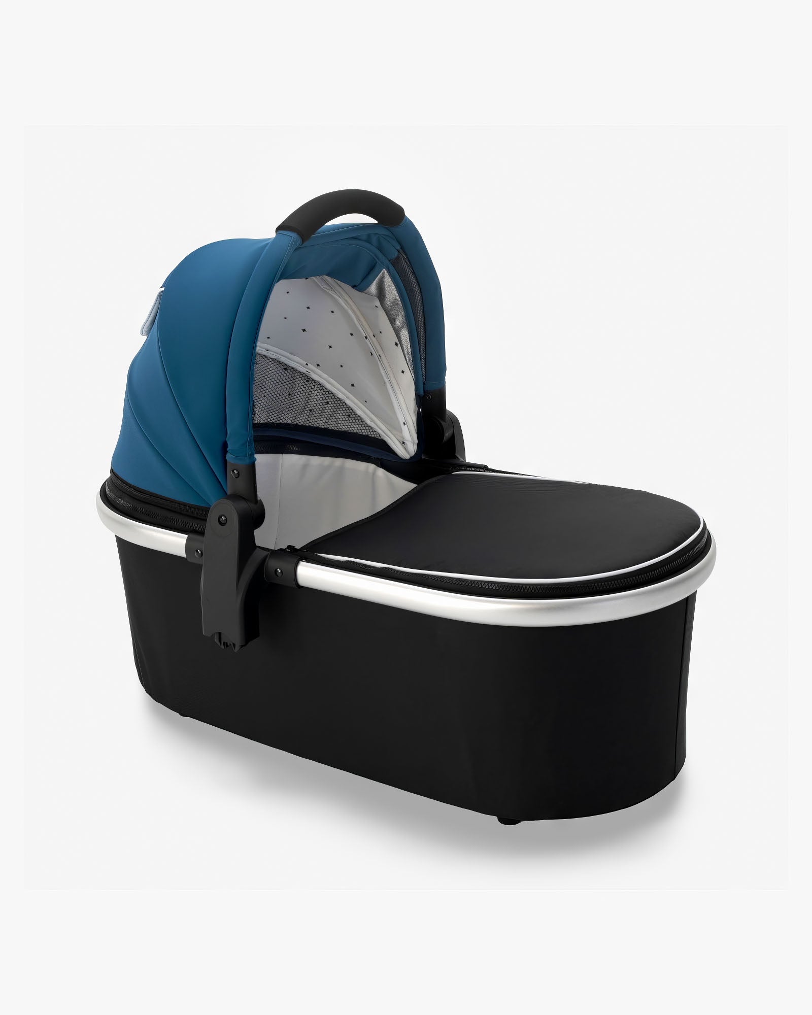 A sleek modern mockingbird-prod baby bassinet stand in black and blue with a transparent mesh panel on a white background. #color_sea