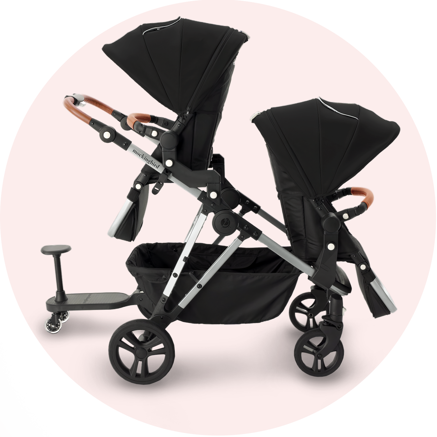 Double stroller with adjustable sunshades and a rear-mounted riding board, set against a soft pink background.