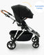 A modern black baby stroller with an extendable canopy, labeled, and shown against a white background.