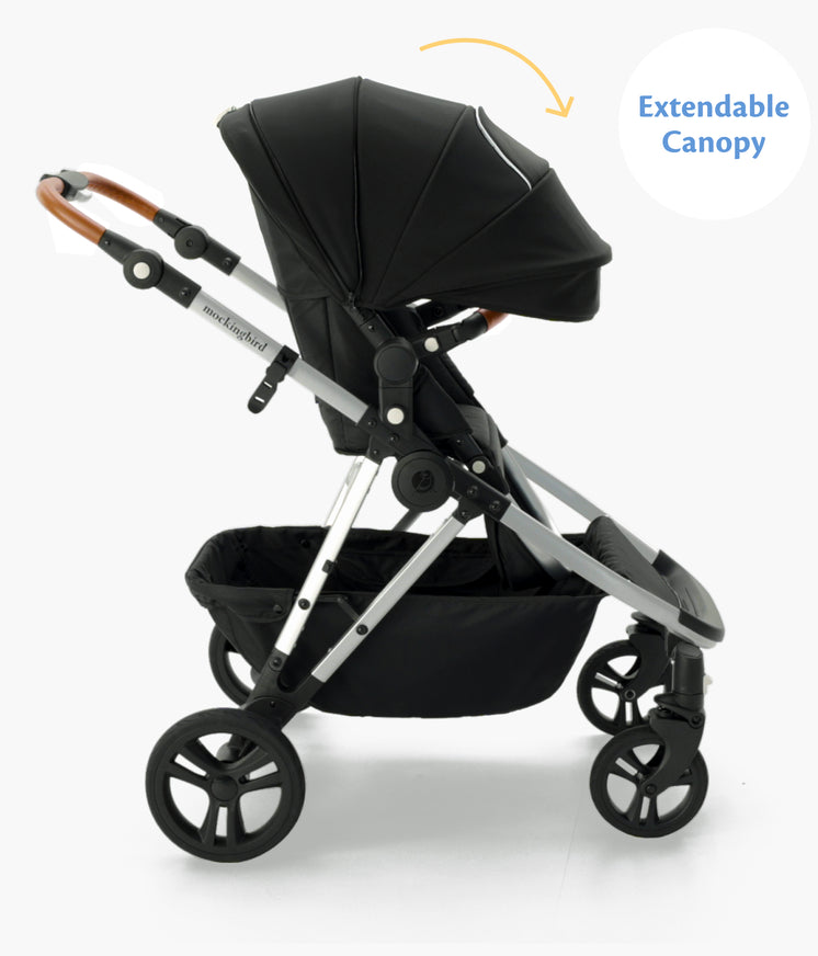 A modern black baby stroller with an extendable canopy, labeled, and shown against a white background.