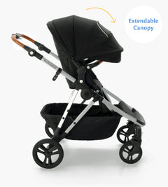 A modern black baby stroller with an extendable canopy, labeled, and shown against a white background.