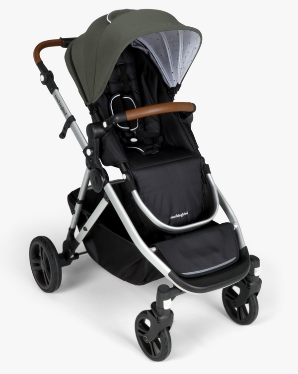 #color_forest mockingbird single to double stroller with forest green canopy and penny leather details