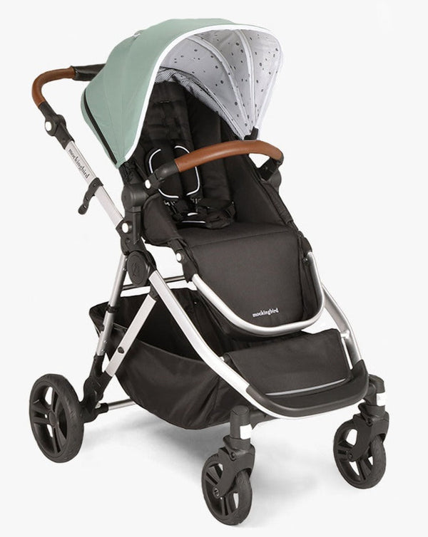 #color_sage mockingbird single to double stroller with sage green canopy and penny leather details