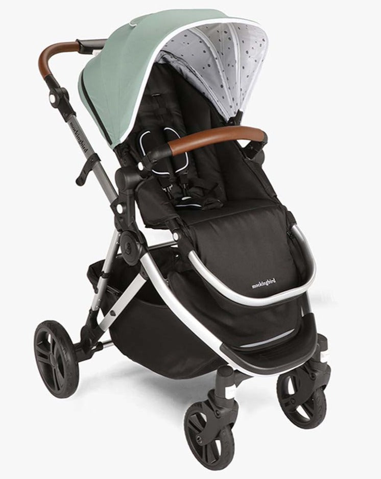#color_sage Mockingbird single stroller in sage green canopy and penny leather
