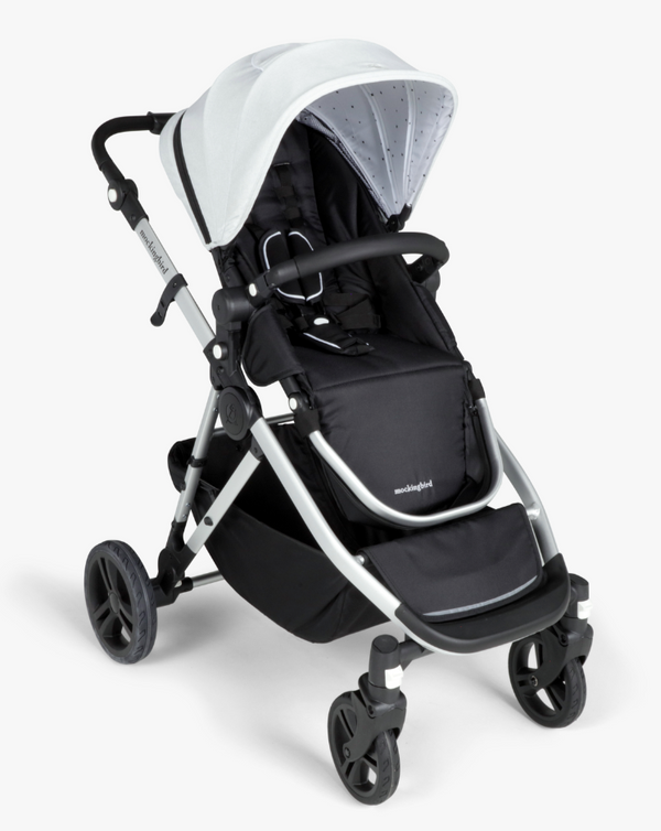 #color_light grey mockingbird single to double stroller with light grey canopy and black leather details