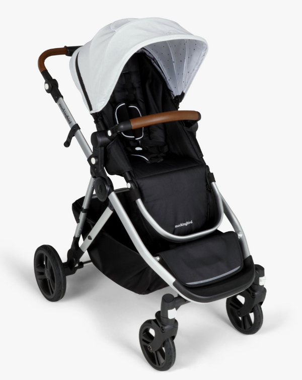 #color_light grey mockingbird single to double stroller with light grey canopy and penny leather details
