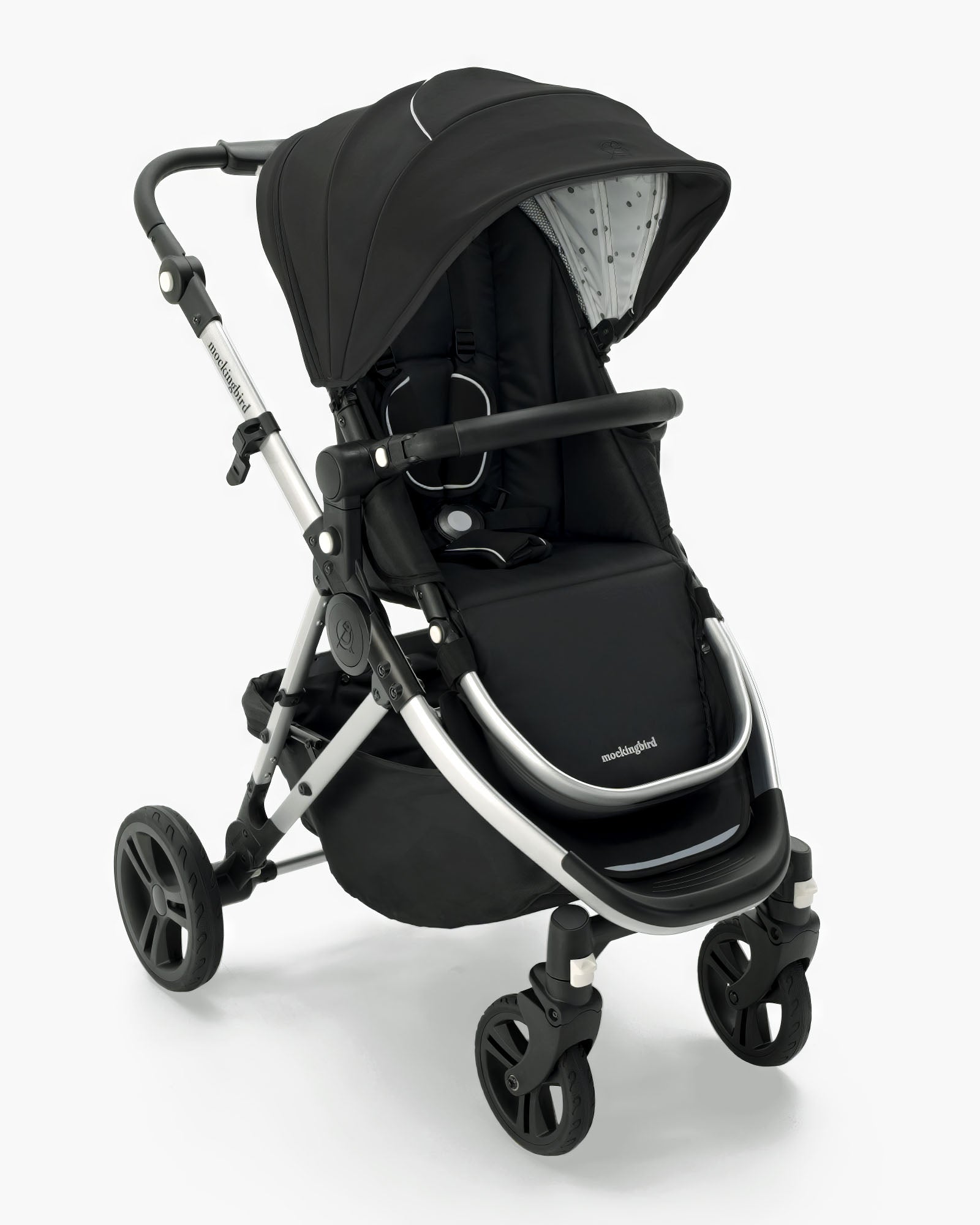 A modern black Mockingbird Single Stroller 2.0 with a large canopy, adjustable handle, and swivel front wheels features the mockingbird-prod brand on a white background. #color_black