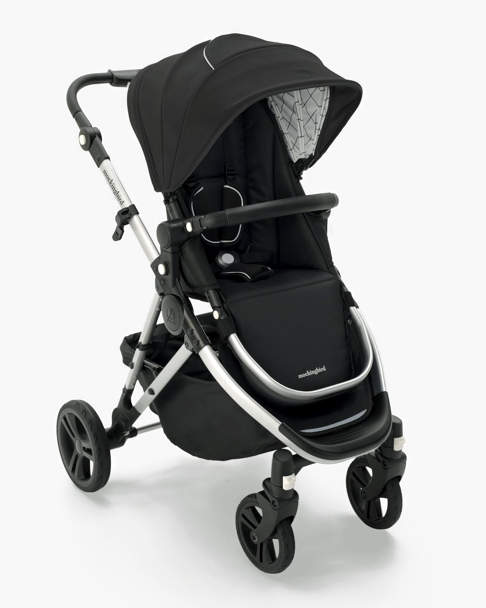 A modern black Mockingbird Single Stroller 2.0 baby stroller with an adjustable canopy, padded seat, and large wheels, shown on a white background. #color_black