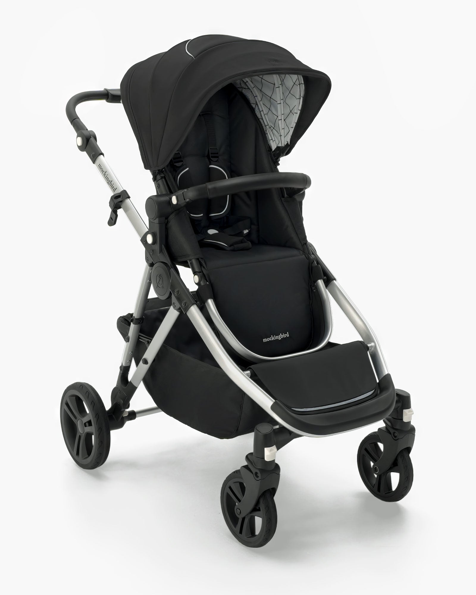 A modern black Mockingbird Single-to-Double Stroller 2.0 baby stroller with adjustable handle, reclining seat, and swivel wheels, isolated on a white background.  #color_black