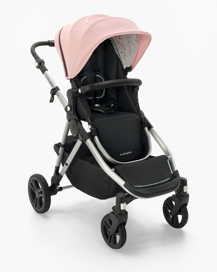 A modern Mockingbird Single-to-Double Stroller 2.0 baby stroller with a pink canopy, black seat, and gray frame, equipped with four wheels, isolated on a white background. #color_bloom
