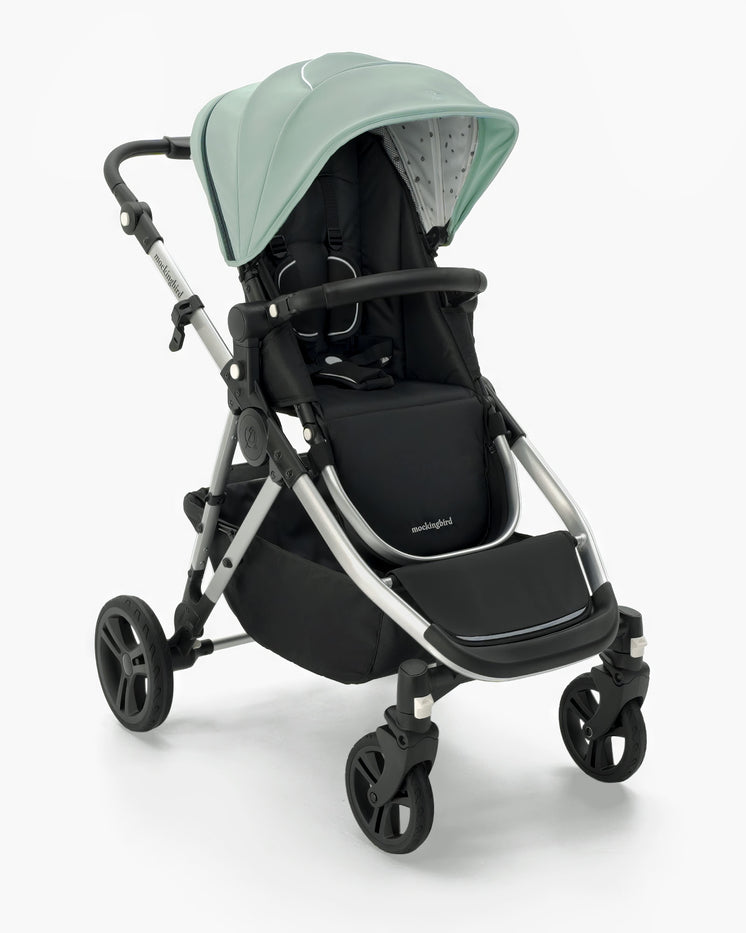 A modern Mockingbird Single-to-Double Stroller 2.0 with a mint green canopy, black seat, and gray frame on a white background. #color_sage