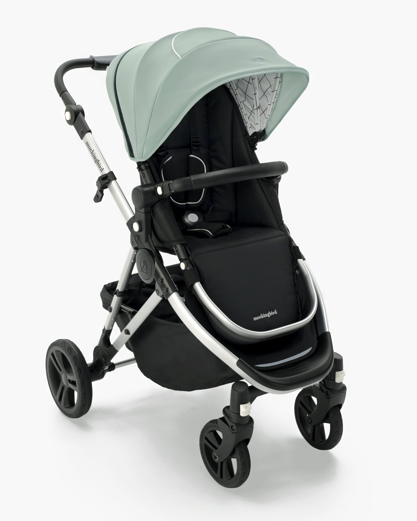 A modern Mockingbird Single Stroller 2.0 baby stroller with a mint green canopy, black seat, and gray frame, isolated on a white background. #color_sage