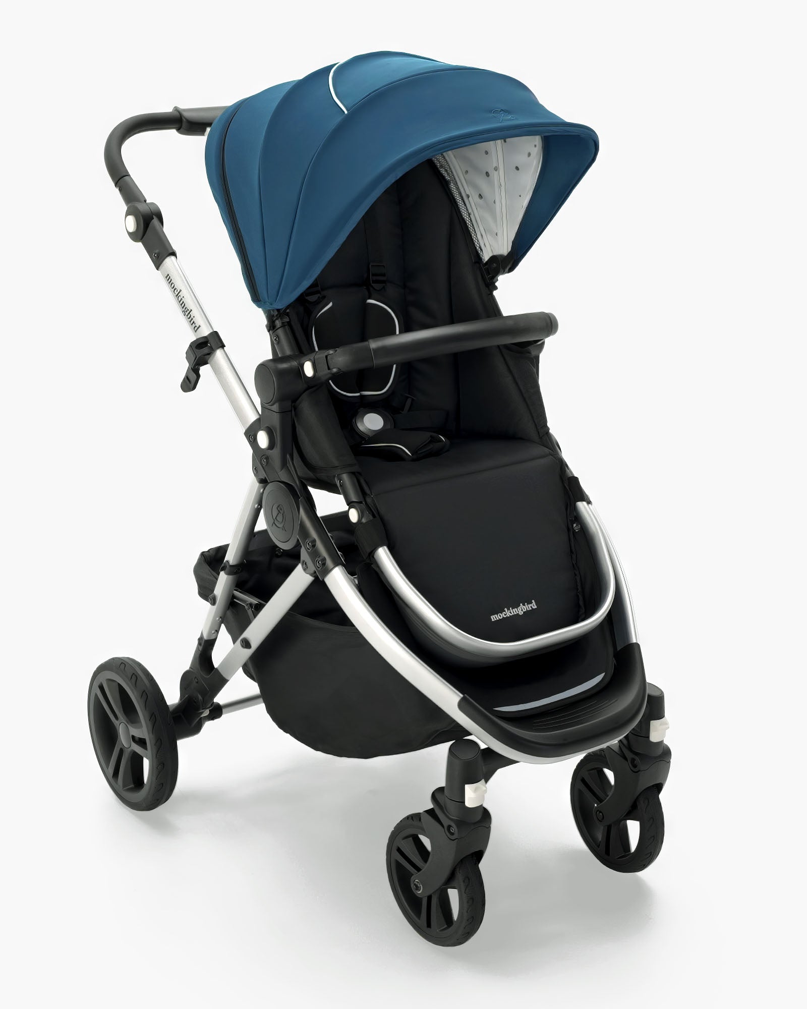 A modern Mockingbird Single Stroller 2.0 with a large blue canopy, black seat, and robust wheels, displayed on a white background. #color_sea