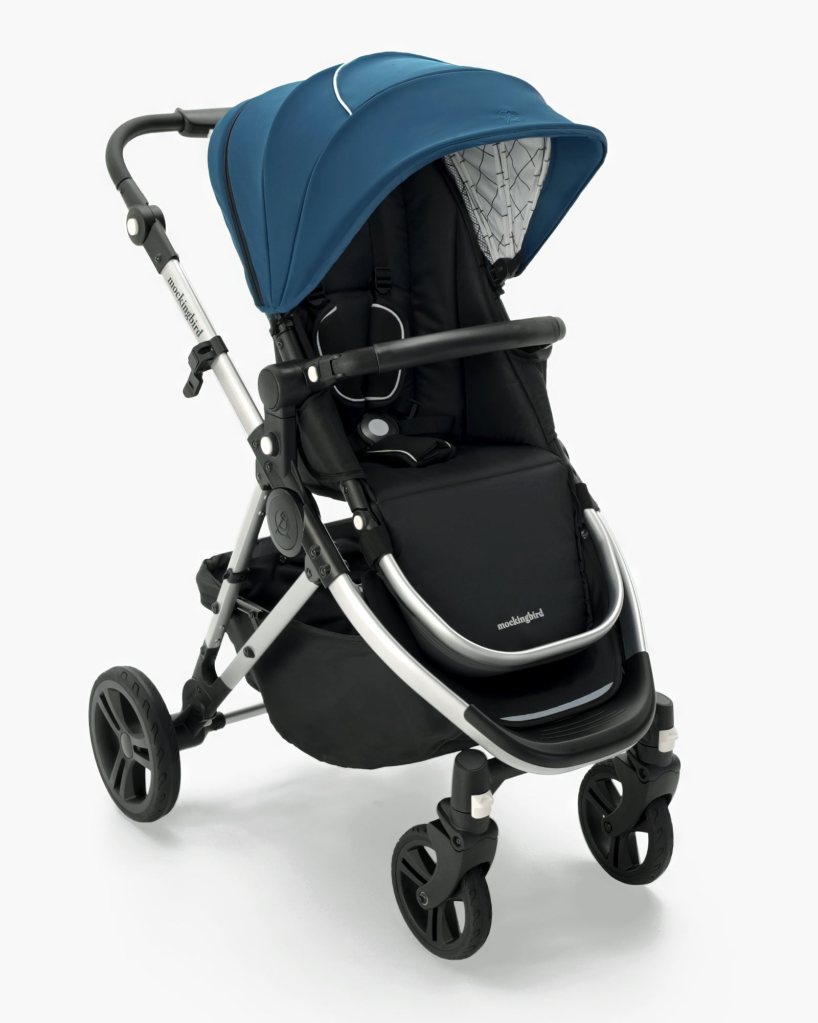 Modern black and blue Mockingbird Single Stroller 2.0 baby stroller with adjustable handle, canopy, and large wheels, shown isolated on a white background. #color_sea