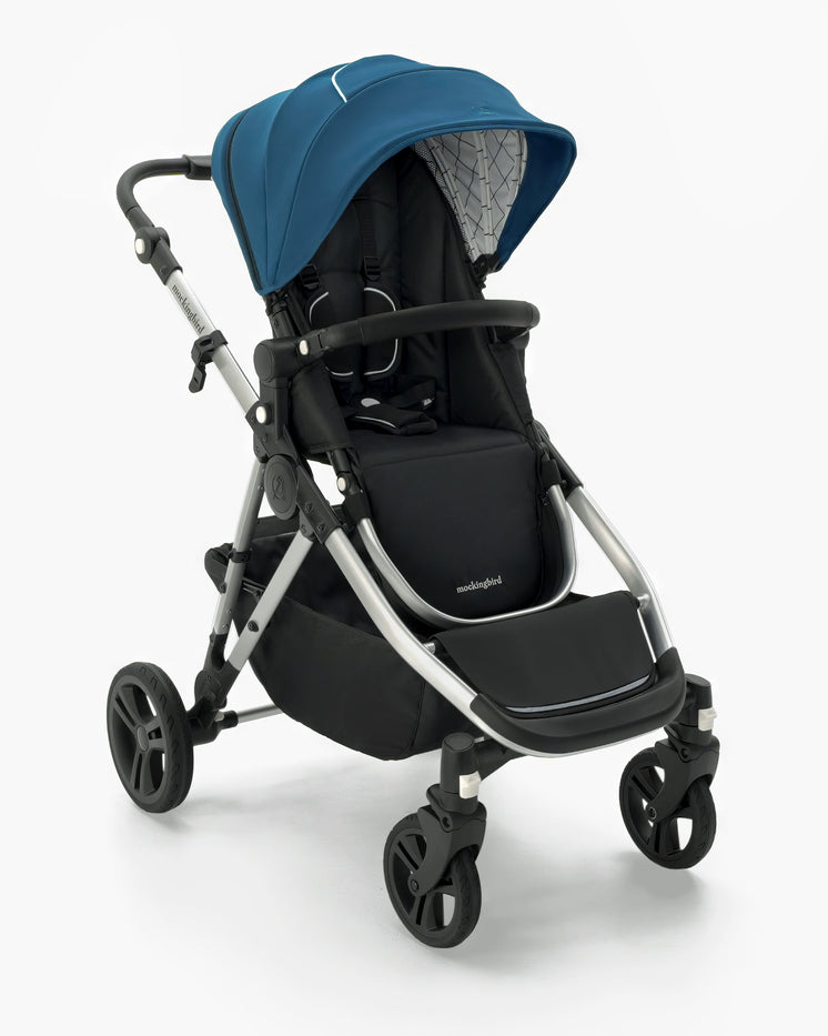 Modern baby stroller with a blue canopy, black seat, and a grey Mockingbird Single-to-Double Stroller 2.0 frame, set against a white background. #color_sea