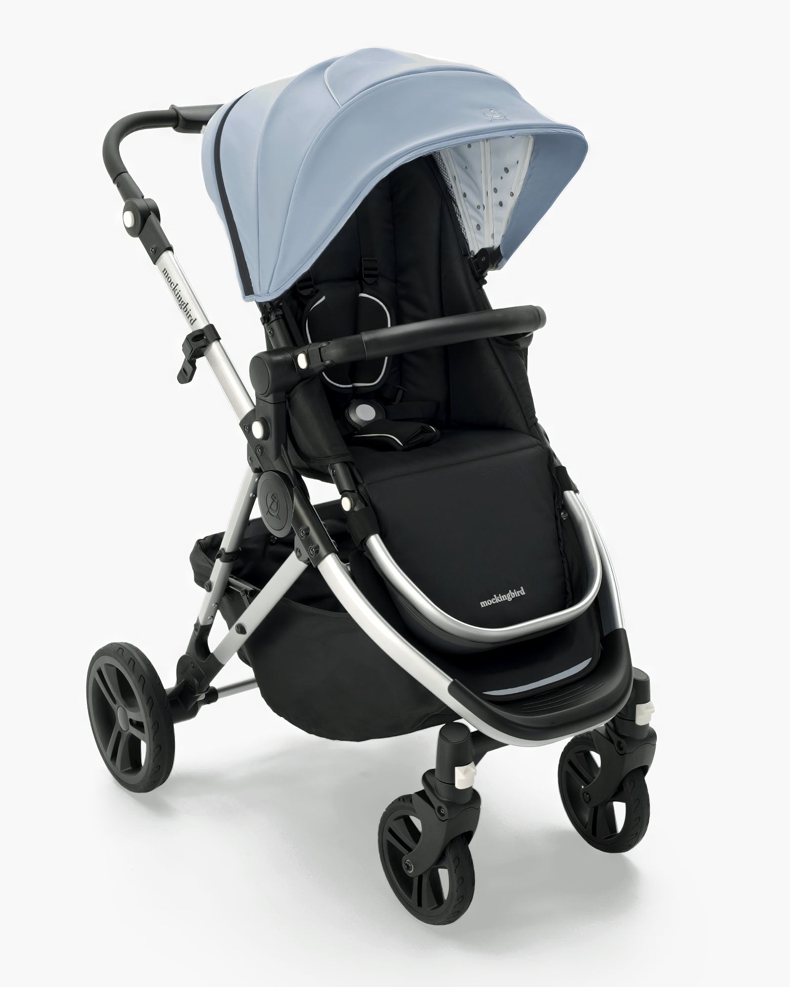 Modern Mockingbird Single Stroller 2.0 baby stroller with a light blue canopy, black seat, and gray frame on a white background by mockingbird #color_sky